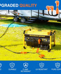 Backyard To Boondocks 50 To 50 Amp Rv Y Splitter Adapter Cord near generator, showcasing dual power outlets and heavy-duty build.