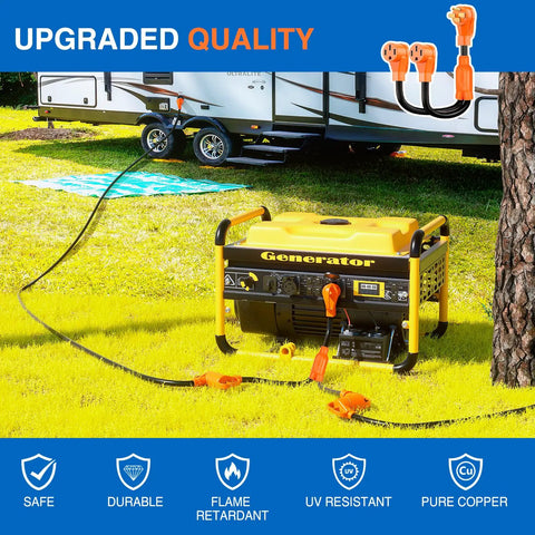 Backyard To Boondocks 50 To 50 Amp Rv Y Splitter Adapter Cord near generator, showcasing dual power outlets and heavy-duty build.