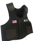 Cordura Junior Protective Vest for Riding, Adjustable Fit, Black and Brown Color, 33 Inch, High Density Foam Padding, front view.