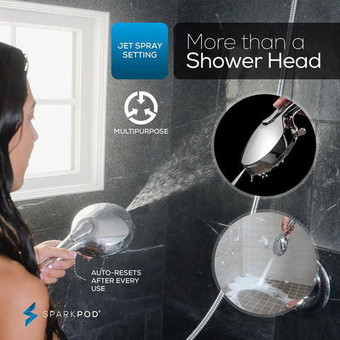 Person using 5 Inch 9 Mode Handheld Shower Head With High Pressure Jet On Off Pause Button Waterfall Setting Rain Mist And Massage Modes Premium ABS Removable Hose Gold Finish
