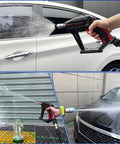 Pressure Washer Nozzle Tips Kit Seven Pack With One Quarter Inch Quick Connect for Power Washers spraying water on cars and surfaces.