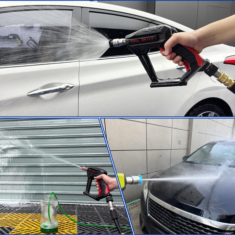 Pressure Washer Nozzle Tips Kit Seven Pack With One Quarter Inch Quick Connect for Power Washers spraying water on cars and surfaces.