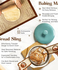 Hands rolling dough on silicone mat with bread sling transferring bread in All In One Sourdough Bread Kit With 9 Inch Round Banneton Proofing Basket And 24 Oz Starter Jar For Beginners To Pro Bakers, Bake Crusty Bakery Quality Loaves From Day One, Ideal Gift For Women, Men, And Bread Lovers.