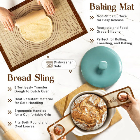 Hands rolling dough on silicone mat with bread sling transferring bread in All In One Sourdough Bread Kit With 9 Inch Round Banneton Proofing Basket And 24 Oz Starter Jar For Beginners To Pro Bakers, Bake Crusty Bakery Quality Loaves From Day One, Ideal Gift For Women, Men, And Bread Lovers.