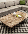 Living room with Brown Marble Contact Paper For Countertops And Surfaces, Waterproof Peel And Stick Self Adhesive Wallpaper Roll covering table.