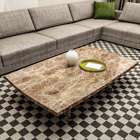 Living room with Brown Marble Contact Paper For Countertops And Surfaces, Waterproof Peel And Stick Self Adhesive Wallpaper Roll covering table.