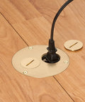 Flush Floor Box Kit With Two 15 Amp Outlets, 4 Inch Top Diameter, Brass Cover Installed in Wood Floor with Power Cord