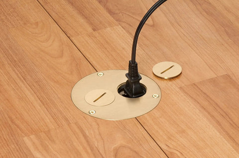 Flush Floor Box Kit With Two 15 Amp Outlets, 4 Inch Top Diameter, Brass Cover Installed in Wood Floor with Power Cord