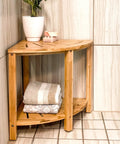 Corner Bamboo Shower Bench With Storage Shelf, 2 Tier Wood Seat, Non Slip Feet in bathroom corner with towels and plant