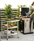 Heavy Duty Stainless Steel Work Table On Wheels With Three Shelves 30 By 24 Inch Industrial Grade Mobile Prep Station For Kitchen Garage Workshop NSF Certified Easy To Clean And Versatile Shop Ready beside outdoor grill