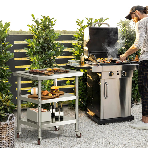 Heavy Duty Stainless Steel Work Table On Wheels With Three Shelves 30 By 24 Inch Industrial Grade Mobile Prep Station For Kitchen Garage Workshop NSF Certified Easy To Clean And Versatile Shop Ready beside outdoor grill
