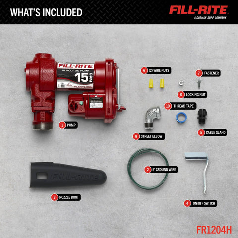 Components of 12V FR1204H Fuel Transfer Pump 15 GPM Pump Only Model, including nozzle boot, wire nuts, and street elbow