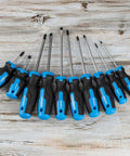 10 Piece Magnetic Screwdriver Set With Phillips And Flathead Bits, Heat Treated CRV Steel, Non Slip Cushioned Handles on wood surface