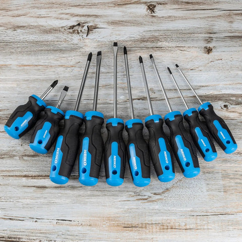 10 Piece Magnetic Screwdriver Set With Phillips And Flathead Bits, Heat Treated CRV Steel, Non Slip Cushioned Handles on wood surface