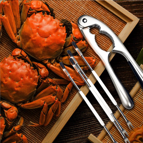 Stainless Steel Nutcracker Seafood Sheller With Dual Diameter Crushing Cones, Beefy Heavy Duty Crab Lobster Claw Opener on wood mat