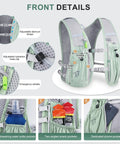 Front details of Lit 5L Running Vest Hydration Backpack with Two 500ml Soft Bottles, green color, showing pockets and strap adjustments.