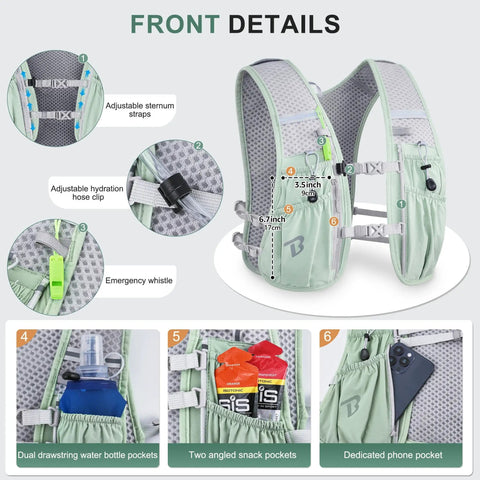 Front details of Lit 5L Running Vest Hydration Backpack with Two 500ml Soft Bottles, green color, showing pockets and strap adjustments.