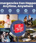 Dog first aid kit in a red hard-shell case; Amazon brand, shown with home, car, and camping scenes