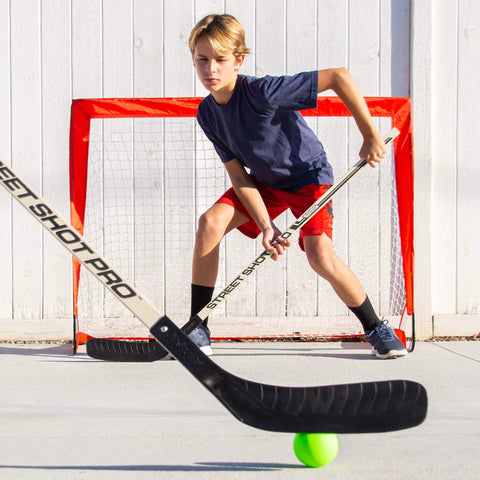 Street Hockey Set With Pop Up Goal Two Wooden Hockey Sticks With Plastic Heads And Two Street Hockey Balls For Backyard Or Indoor Play.