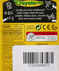 Back of Crayola 12 Pack Anti Dust White Chalk for indoor use, featuring product details, safety information, and barcode.