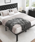 Modern Queen Bed Frame With Upholstered Diamond Tufted Headboard And Rock Solid Metal Slats For Dead Quiet Rest Spacious Under Bed Storage No Box Spring Needed Fast Clip Setup Black in a well-decorated bedroom.