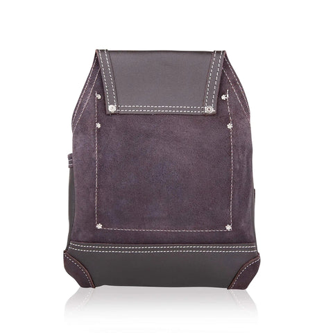 Back view of a dark brown oil-tanned leather tool pouch bag for carpenters and handymen with a sturdy construction
