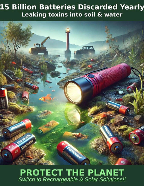 Landscape with discarded batteries and red flashlight, emphasizing renewable energy solutions for environmental protection.