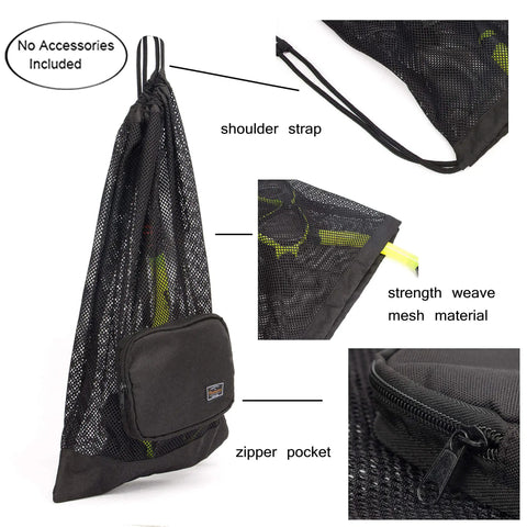 Mesh Snorkel Gear Bag With Drawstring Lightweight Breathable Beach Backpack showing shoulder strap and zipper pocket detail