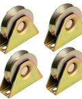 Four Skelang 3-inch sliding gate wheel assemblies with yellow zinc finish, V-groove casters and mounting brackets
