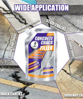 Premium Concrete Crack Filler Kit For Driveway And Patio Repair features a pouch showing various crack types for easy application.