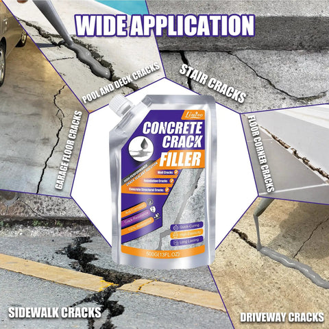 Premium Concrete Crack Filler Kit For Driveway And Patio Repair features a pouch showing various crack types for easy application.