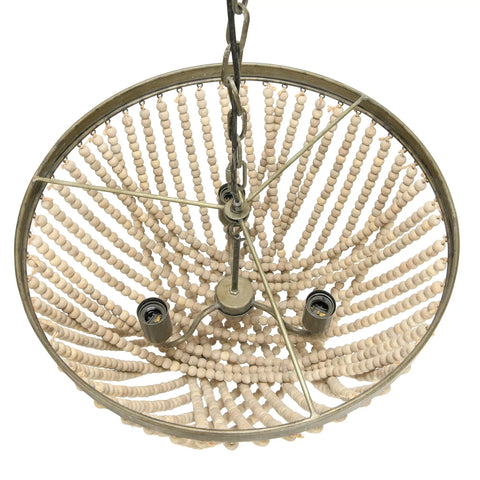 Bottom view of Draped Wood Bead Chandelier With Gold Washed Metal Base And Brushed Finish Long 10 Foot Cord And 6 Foot Chain