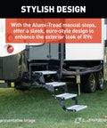 Alumi-Tread Triple Manual Step With No Slip Grips And Textured Surface For Solid Traction And Stability Built In Grab Handle Lightweight Aluminum RV Entry Step In Black, extended on RV
