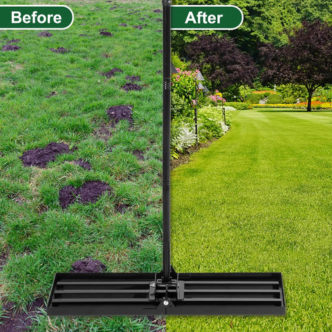 Foldable Lawn Leveling Rake With 72 Inch Adjustable Handle And Detachable Carbon Steel Head For Effortless Soil Grading In Lawns Gardens Farms Yards And Golf Courses 30 By 10 Inch Working Surface Built Tough For All Weather Use showing before and after lawn leveling results