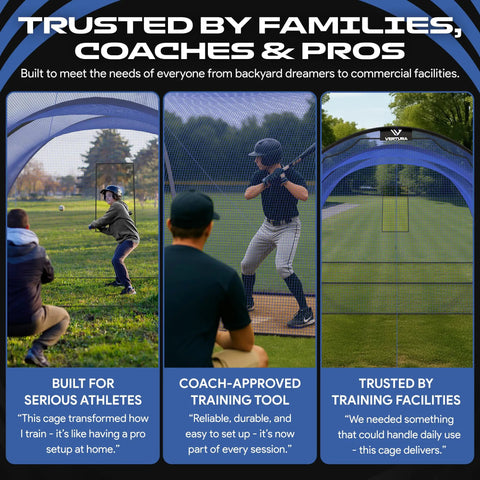 22 Ft By 12 Ft By 8 Ft Baseball And Softball Batting Cage With Easy Setup Includes Pitching Machine Hole 3 Ply Blue Netting 14 mm Fiberglass Poles Secure Steel Frame And Carry Bag in use by athletes and coaches on a field.