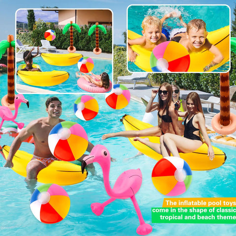 Tropical Inflatable Party Decor Set Twelve Pack Palm Tree Flamingo Beach Ball Parrot Banana for beach pool backyard parties.