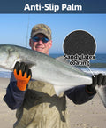 Waterproof Work Gloves for Men and Women, Double Latex Coated, Non Slip Grip, Two Pairs, shown holding a large fish, Size Large.