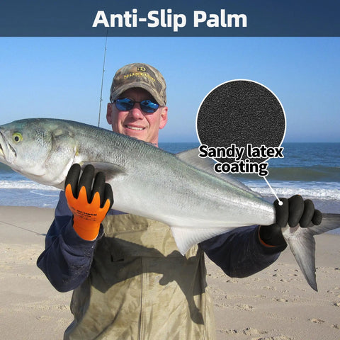 Waterproof Work Gloves for Men and Women, Double Latex Coated, Non Slip Grip, Two Pairs, shown holding a large fish, Size Large.
