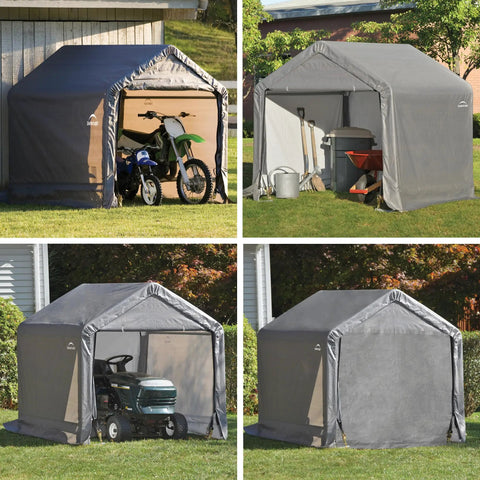6x6 Foot Shed In A Box All Season Steel Peak Roof Outdoor Storage Shed With Waterproof Cover And Heavy Duty Reusable Auger Anchors Built To Last Against Wind Rain Snow Grey.