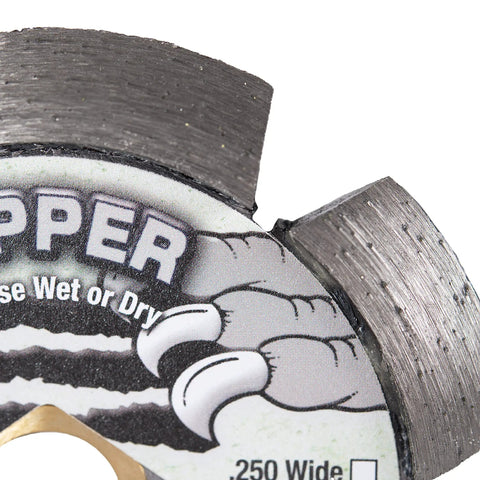 Close-up of Diamond Ripper Pro Crack Chaser Diamond Blade 4 Inch Three Eighths Inch Thick V Shaped Edge For Crack Repair