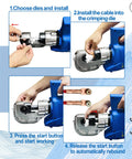 Step-by-step operation of Heavy Hitter 15 Ton Electric Hydraulic Cable Lug Crimping Tool for efficient wire connections.