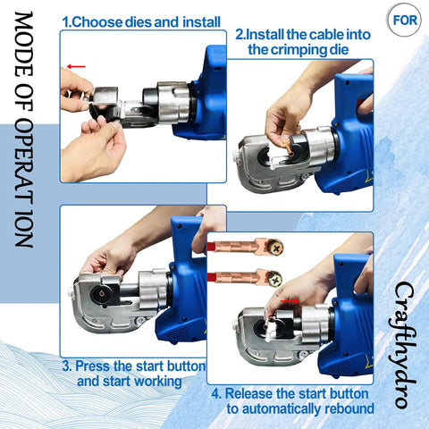 Step-by-step operation of Heavy Hitter 15 Ton Electric Hydraulic Cable Lug Crimping Tool for efficient wire connections.