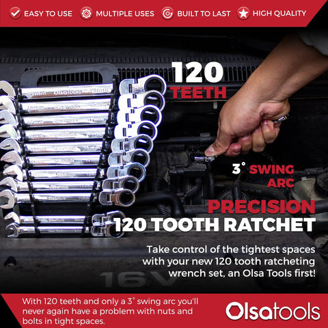 Flex Head Ratcheting Wrench Set 12 Piece Metric Six Point Box End With 120 Tooth Precision Gear for Tight Spaces shown in engine bay