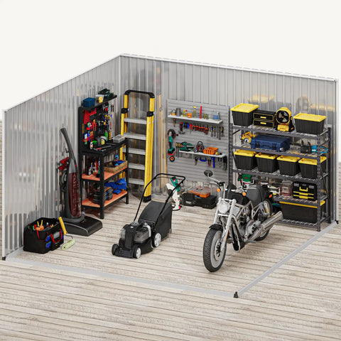 Interior view of 10 By 10 Ft Outdoor Metal Storage Shed With Windows Waterproof Build Lockable Doors And Sloped Roof, organized with tools and equipment.