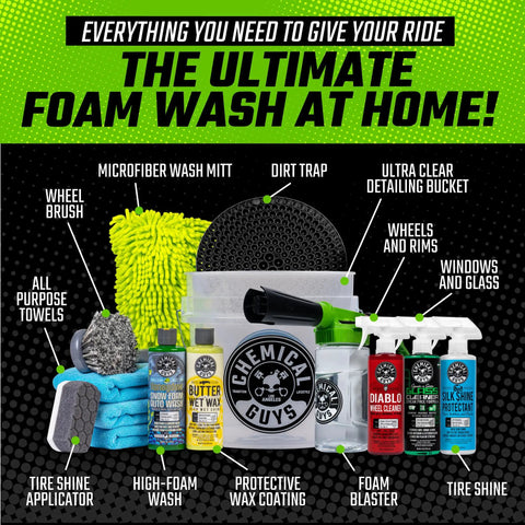 14 Piece Car Wash Arsenal Builder Kit with Foam Blaster, bucket, towels, waxes, and cleaners for pro detailing with garden hose use