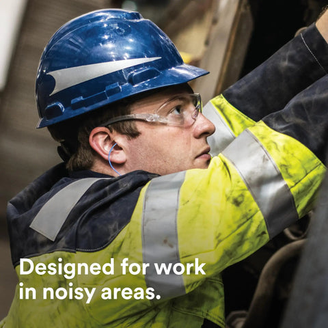 Worker with hard hat installing Heavy Duty Foam Ear Plugs For All Day Comfort Uncorded Disposable NRR 33 Ear Protection
