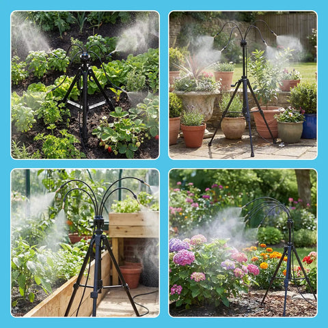 Standing Misting System For Outdoors With 26Ft Hose And 4.8Ft Adjustable Height Tripod Base in garden use