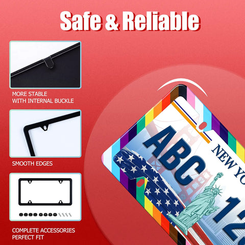 Pride Flag License Plate Frame For Cars Stainless Steel, Tough, Scratch-Resistant And Noise-Free, close-up showing frame features