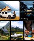 Collage of outdoor and power storage scenes for LiFePO4 12V 100Ah Battery With 100A BMS For RVs, Boats, Solar, Off Grid Power