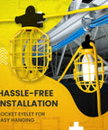 Heavy Duty 100 Foot Construction String Lights with Caged Work Light Sockets shown hanging, highlighting hassle-free installation.